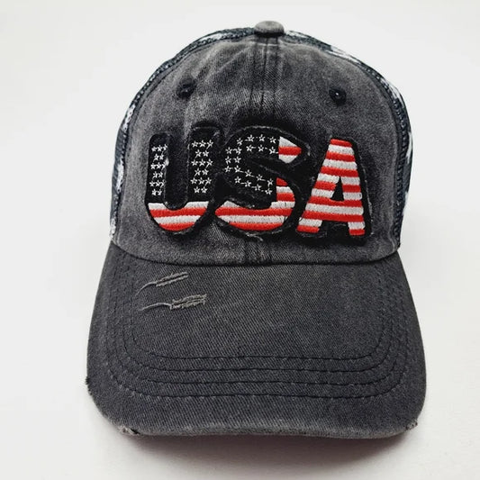 Patriotic USA Embroidered Patch Ponytail Hat Cap Mesh Net Stars Black Relaxed Cotton