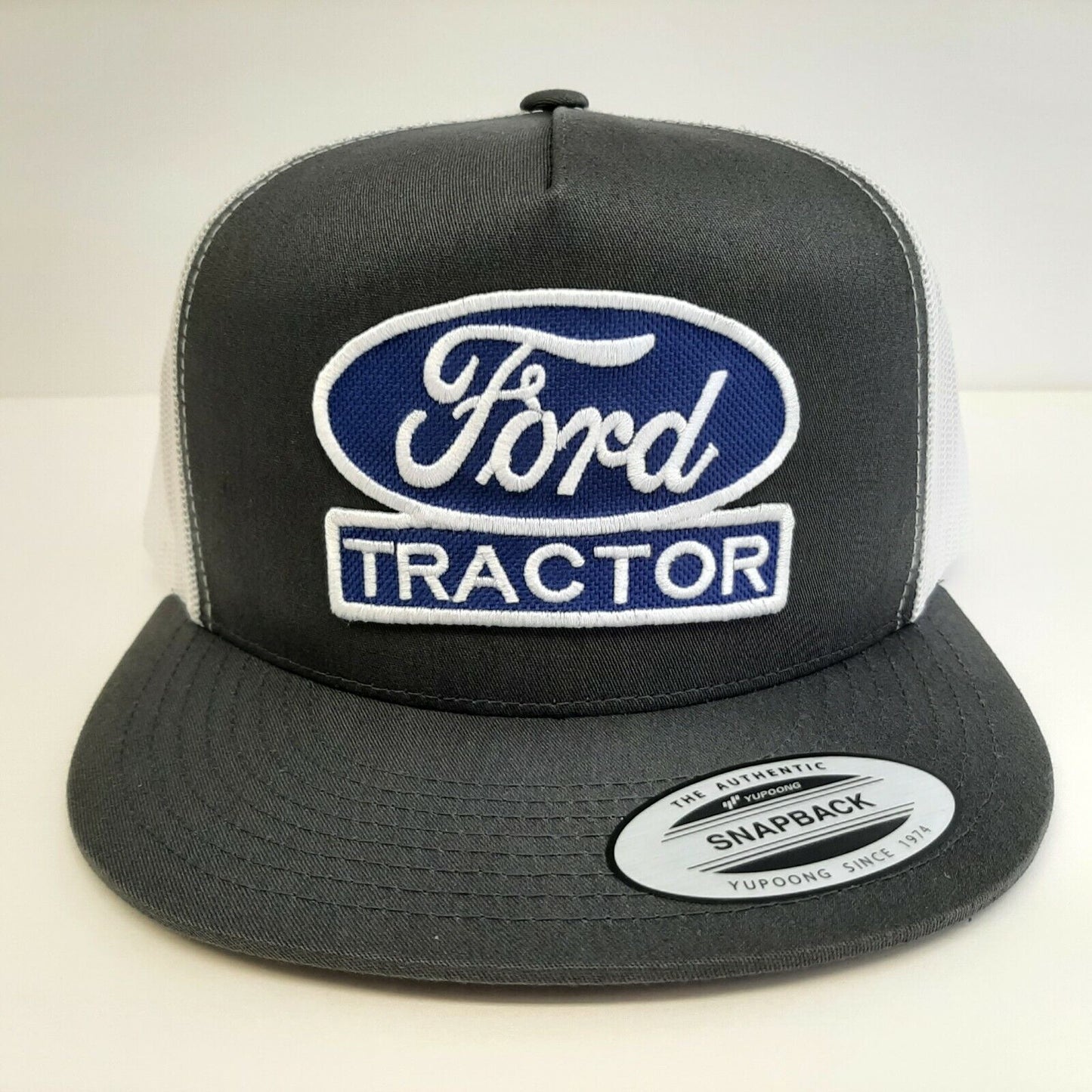 Ford Tractor Embroidered Patch Flat Bill Snapback Mesh Hat Cap Gray White Yupoong